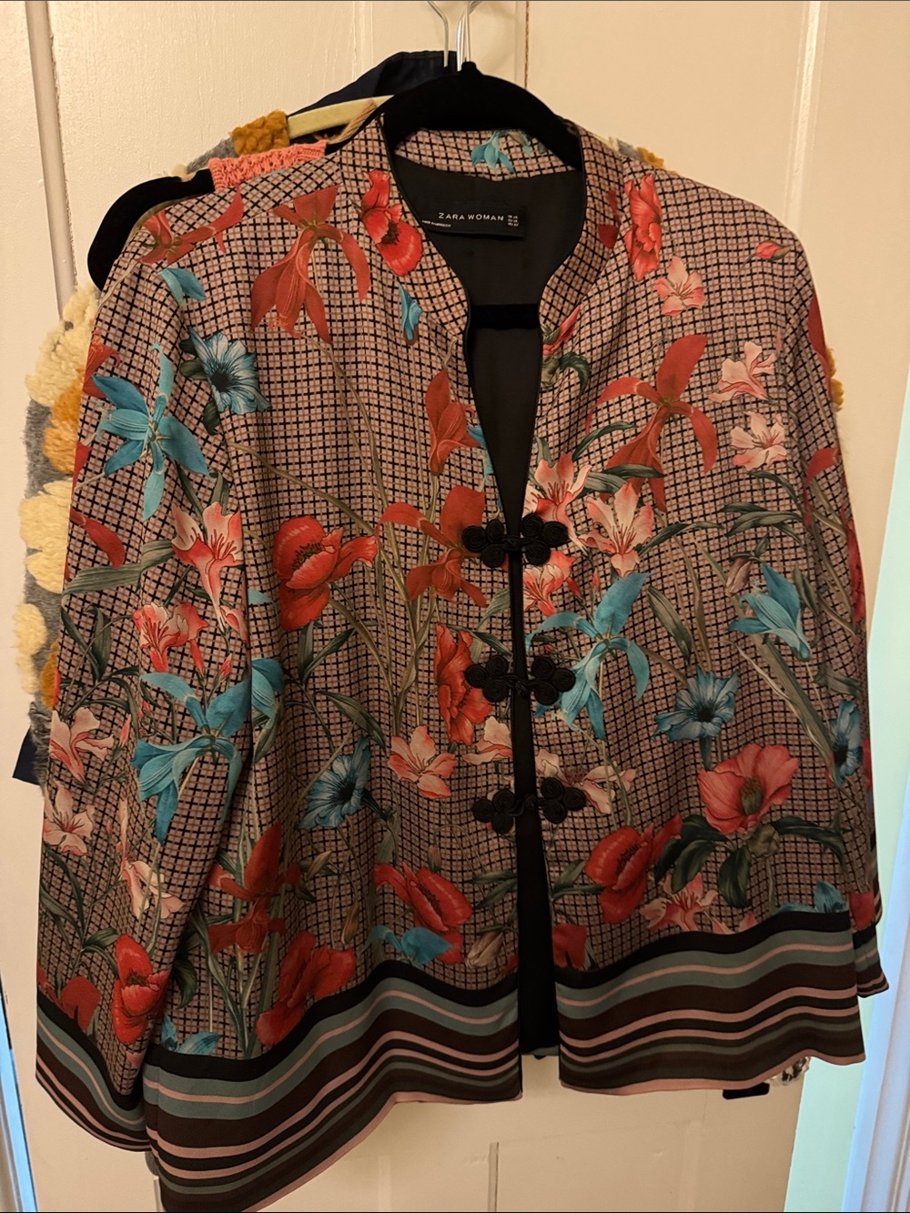 Zara Woman Black Jacket with Coral-Teal Floral Trim